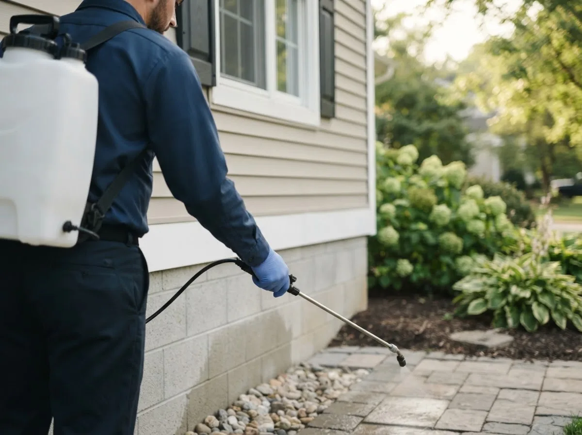 Pest control technician inspecting a home in Luzerne, MI